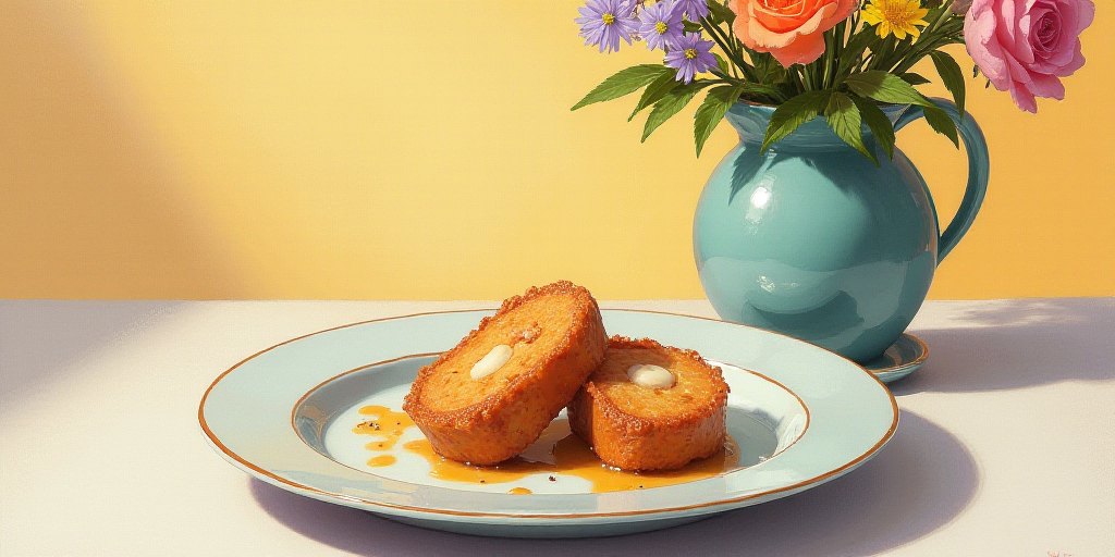 a plate with a couple of food items on it and a vase in the background with flowers around it, Ay-O,