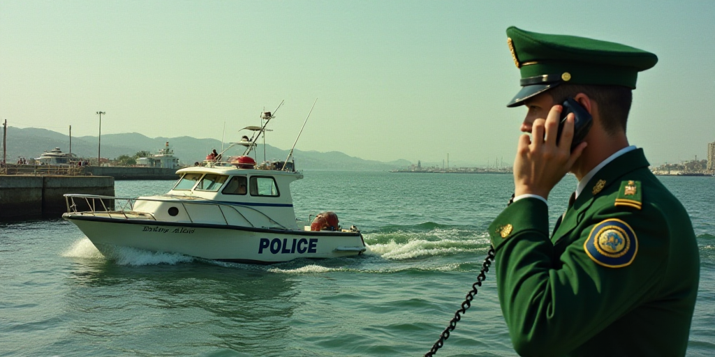 a police boat is in the water near a dock and a man in a green uniform is on the phone, Evelyn Abels
