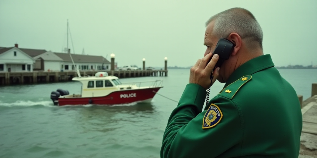 a police boat is in the water near a dock and a man in a green uniform is on the phone, Evelyn Abels