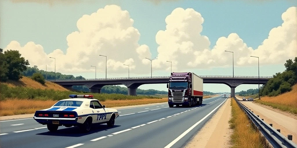 a police car and a truck on a highway with a bridge in the background and a truck on the road, Eduar