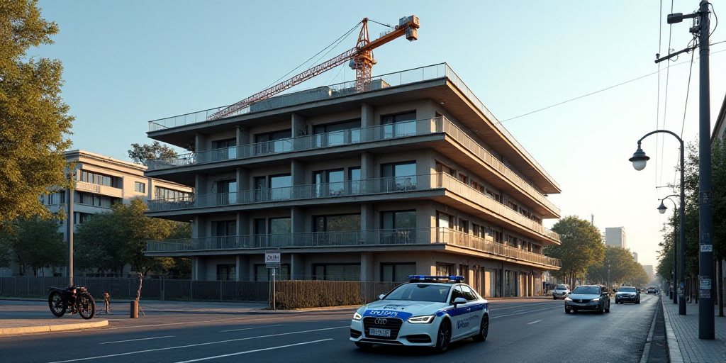 a police car parked in front of a building with a crane on top of it's roof and a police car parked