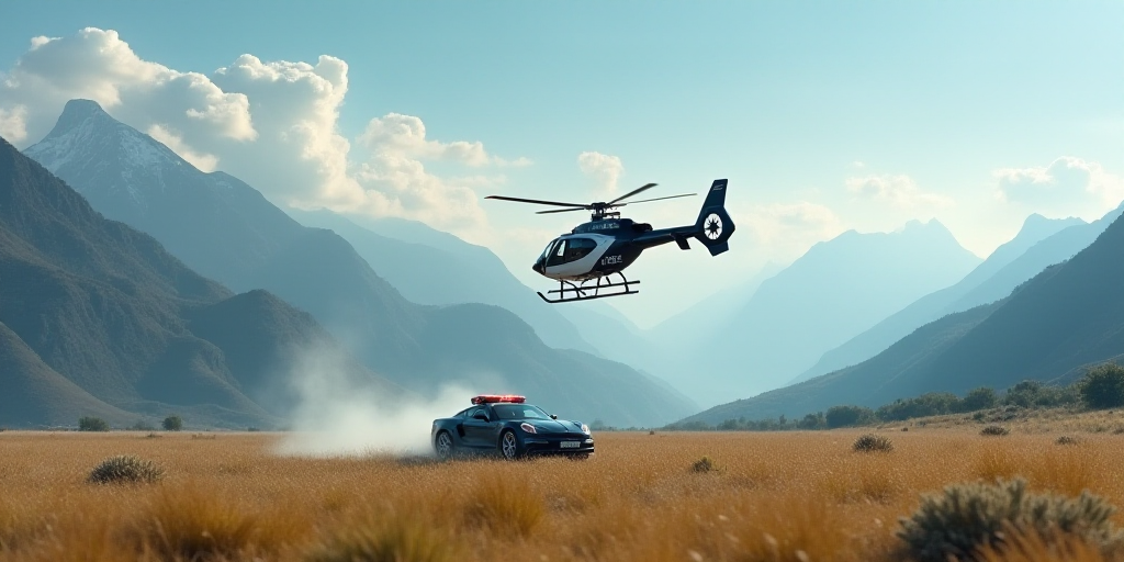 a police helicopter flying over a car in a field with mountains in the background and a blue sky wit