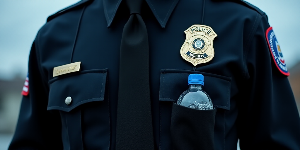 a police officer badge is hanging from a uniform belt, with a bottle of water in the pocket of his u
