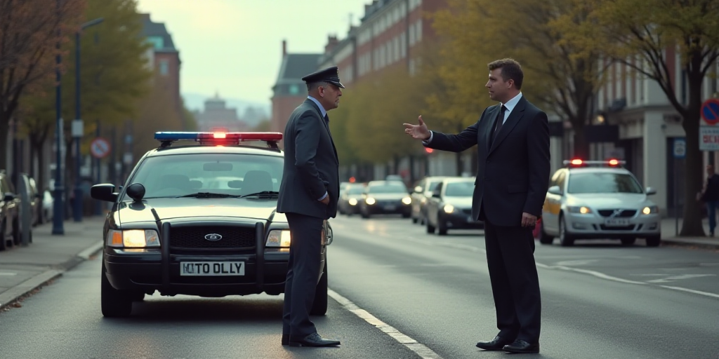 a police officer is directing a man to stop traffic on a street corner with a police car behind him,