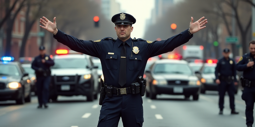 a police officer is directing traffic on a street with a police car and police officers standing aro
