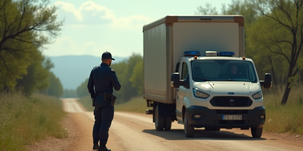 a police officer standing next to a truck on a dirt road with a car parked on the side of the road,