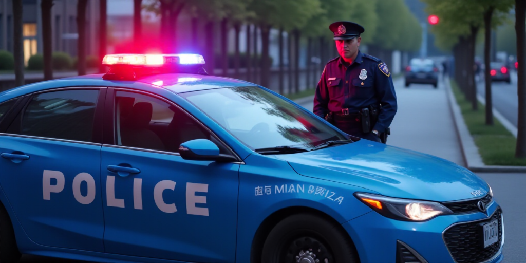 a police officer standing next to a police car on a street with trees in the background and a police