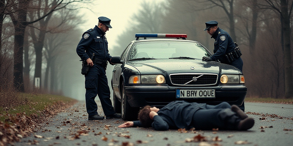 a police officer standing next to a car and a body on the ground with a police officer standing next