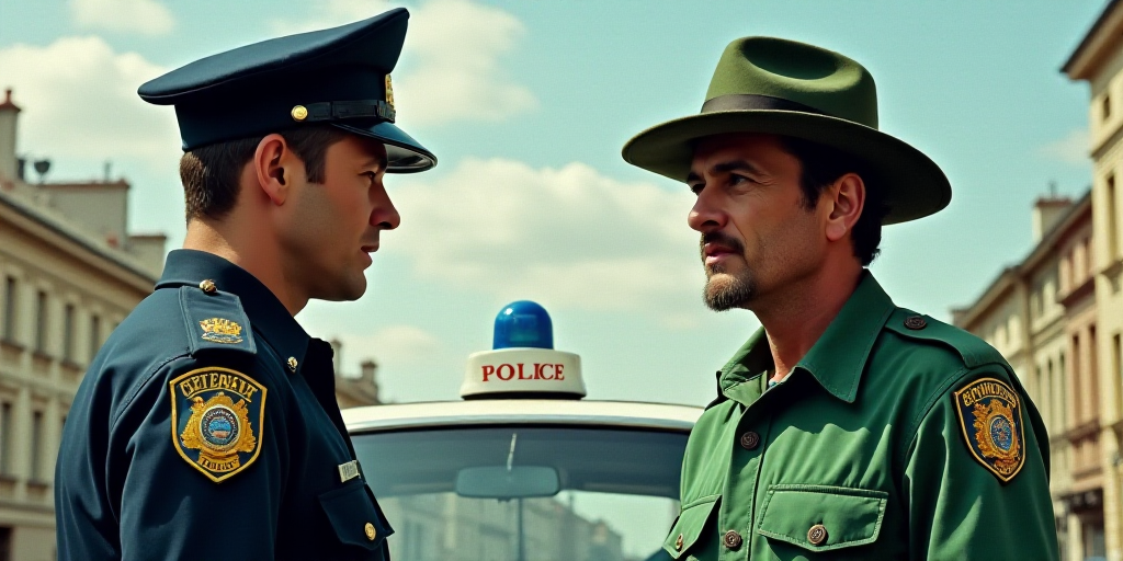 a police officer talking to a man in a green shirt and hat in front of a car with a police badge on