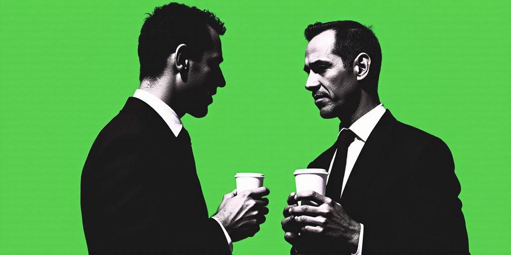 a poster for a coffee break with two men in front of a green background and a black and white photo,