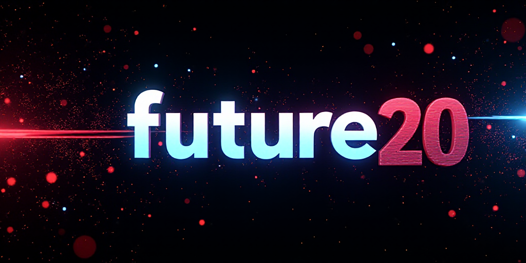 a poster with the words,'future 20'in white and blue on a black background with a red and blue patte