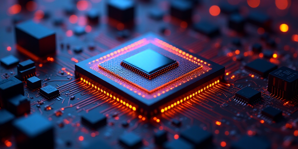 a processor with a chip on top of it in front of a background of circuit boards and wires and lights