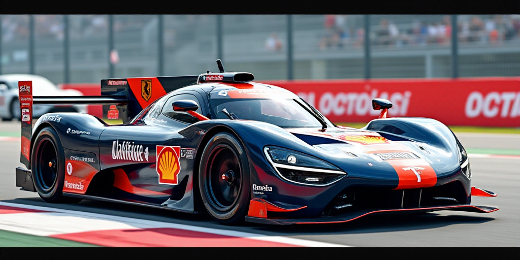 a racing car with a colorful front wing on a track with a fence in the background and a sign on the