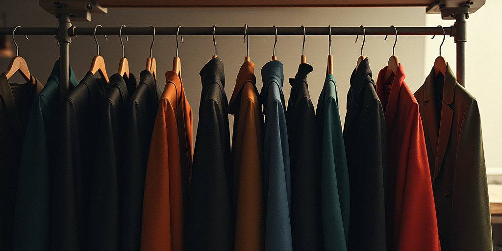 a rack of clothes with clothes hangers on them in a store or storeroom, with a few coats hanging fro