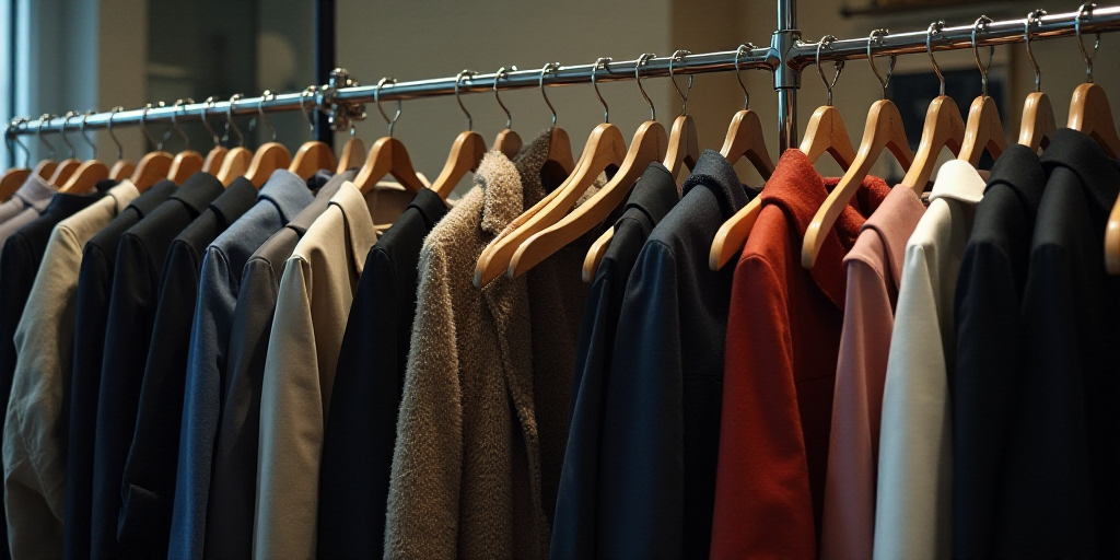 a rack of clothes with clothes hangers on them in a store or storeroom, with a few coats hanging fro