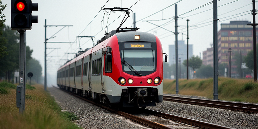 a red and white train traveling down train tracks next to a traffic light and power lines with build