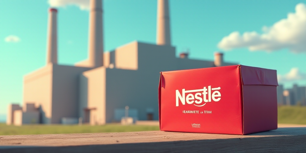 a red nestle box sitting in front of a factory building with a smoke stack in the background and a b