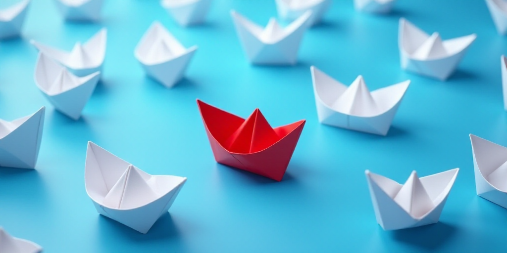 a red origami boat is surrounded by white ones on a blue background with a red one in the middle, An