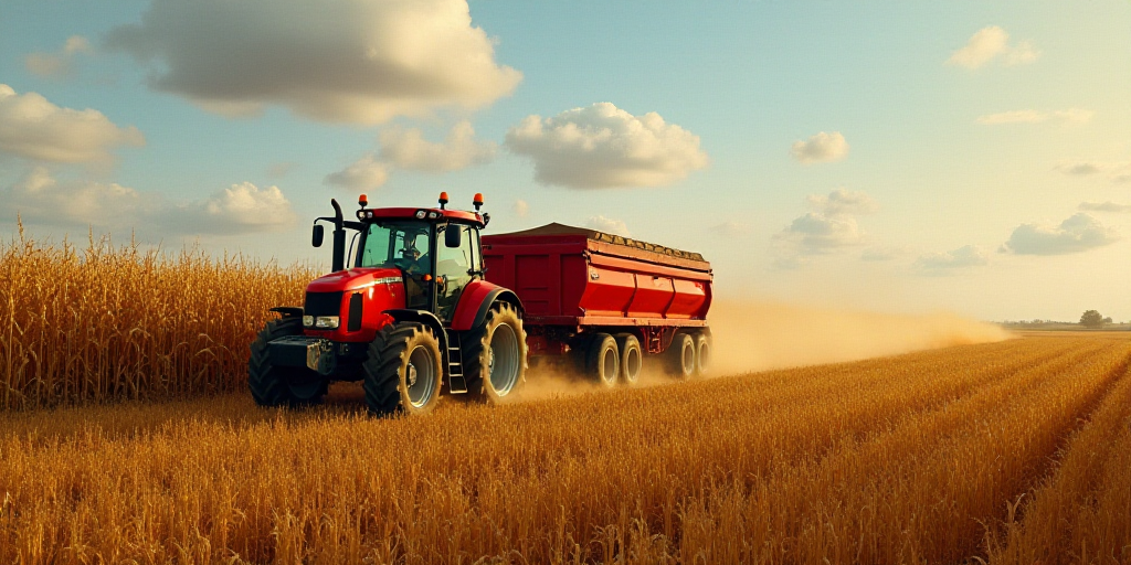 a red tractor is driving through a field of corn as a red grain truck drives by behind it in the dis