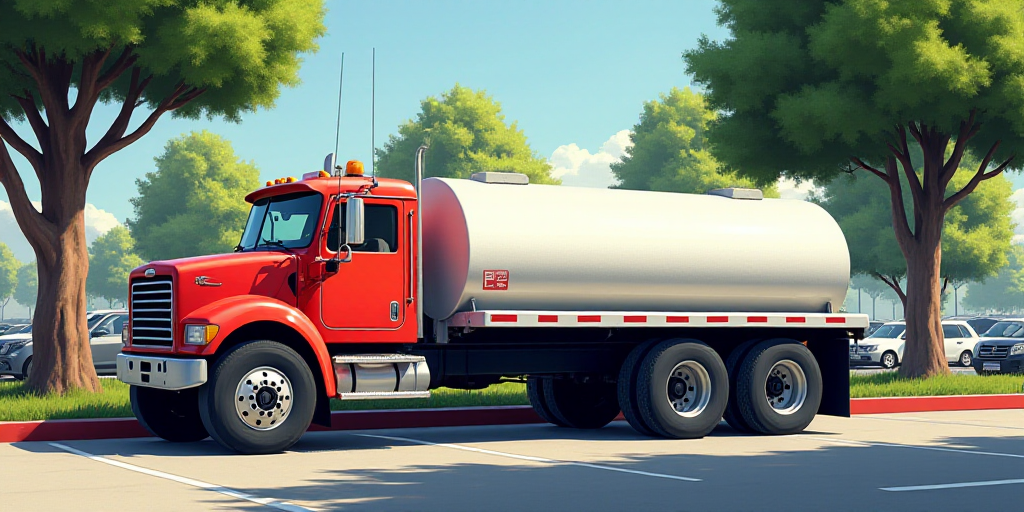 a red truck parked next to a tree filled parking lot with a white tank on the back of it, Elbridge A