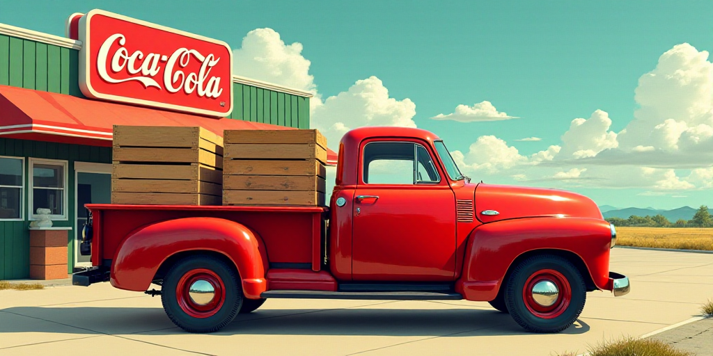 a red truck with crates on the back of it's bed parked in front of a coca cola sign, Dorothy Coke, h