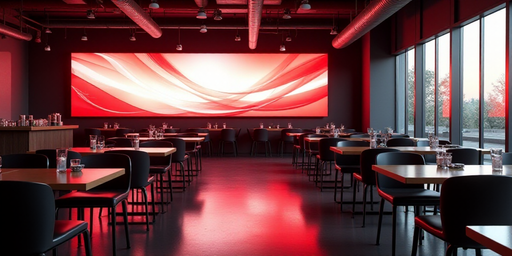 a restaurant with a large number of tables and chairs and a large television screen in the backgroun