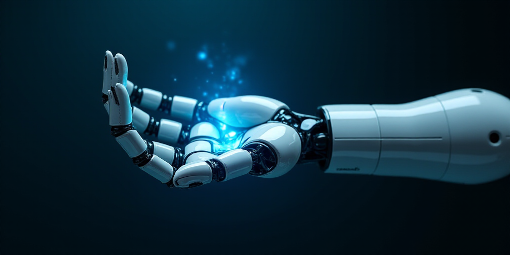 a robot hand with a glowing blue light on it's palm and a glowing blue light on the palm, Ai-Mitsu,