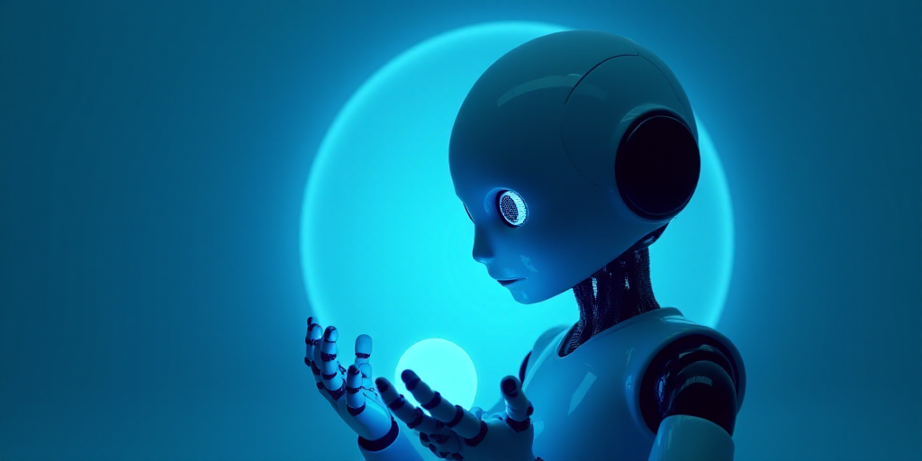 a robot holding a glowing blue light in its hands with a blue background and a blue light in the mid