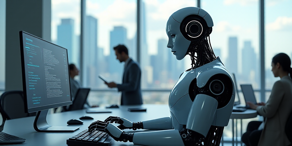 a robot is working on a computer while people look at it in the background of a cityscape, Ai-Mitsu,