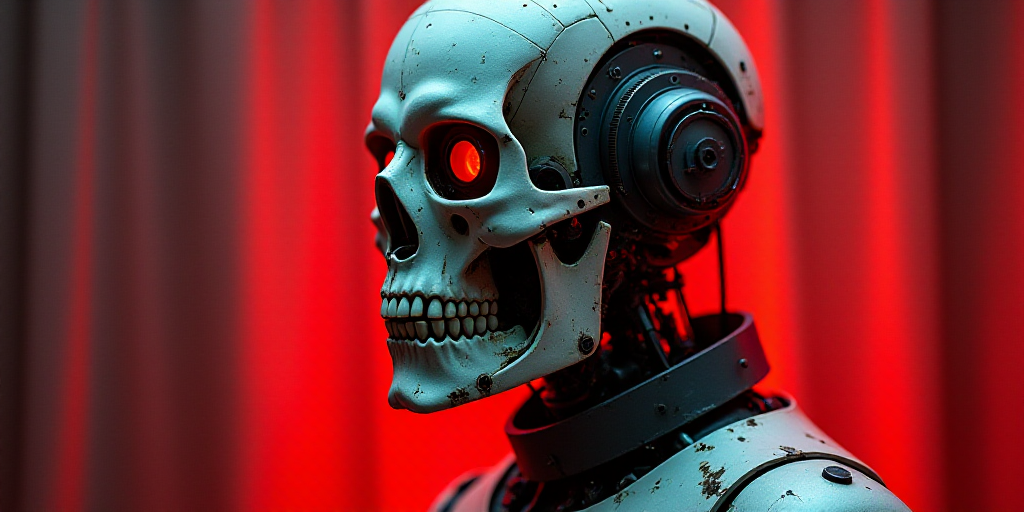 a robot with a skull on its face and a red light behind it, with a red light behind it, Beeple, robo