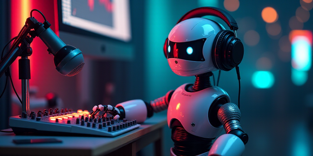 a robot with headphones on is next to a microphone and sound board with sound waves on it and a micr