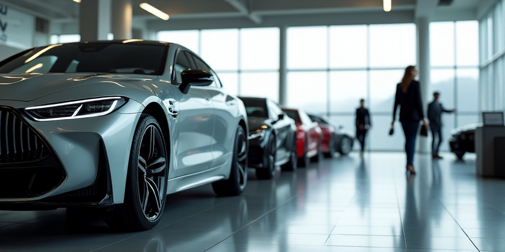 a row of cars parked in a showroom with people looking at them in the background and a woman walking