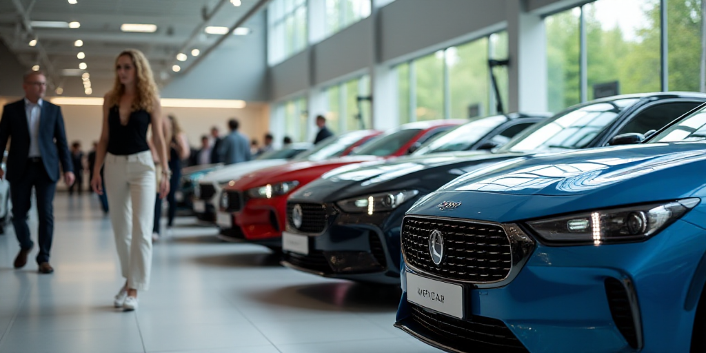 a row of cars parked in a showroom with people looking at them in the background and a woman walking