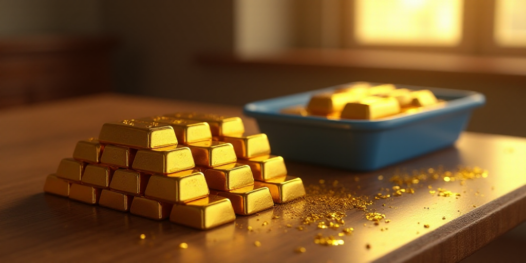a row of gold bars sitting on top of a table next to a blue container of gold bars on a table, Engue