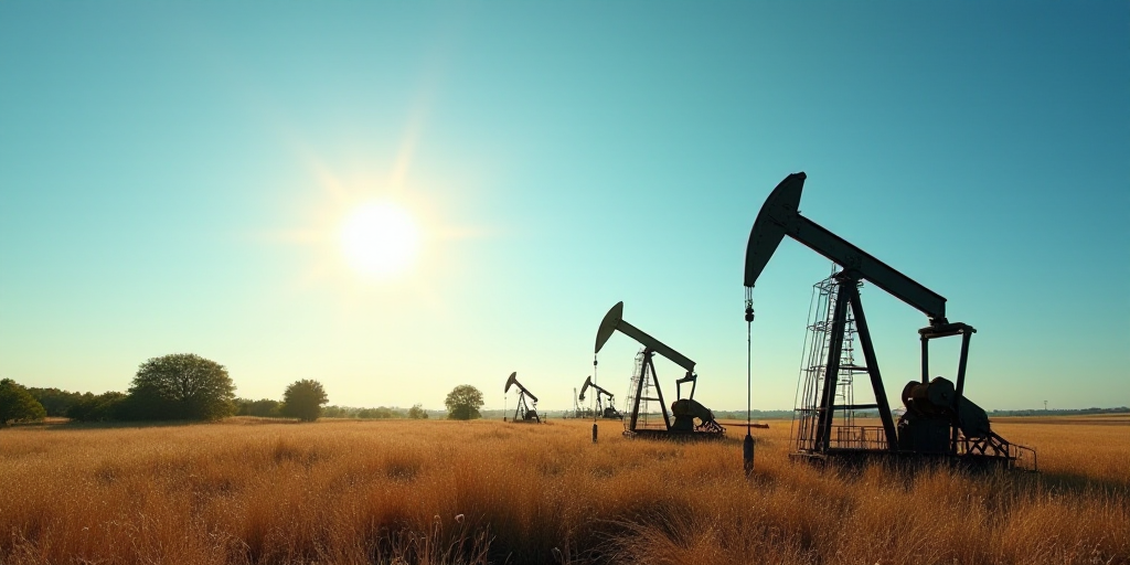 a row of oil pumps sitting in a field under a blue sky with the sun shining on them and a few trees,