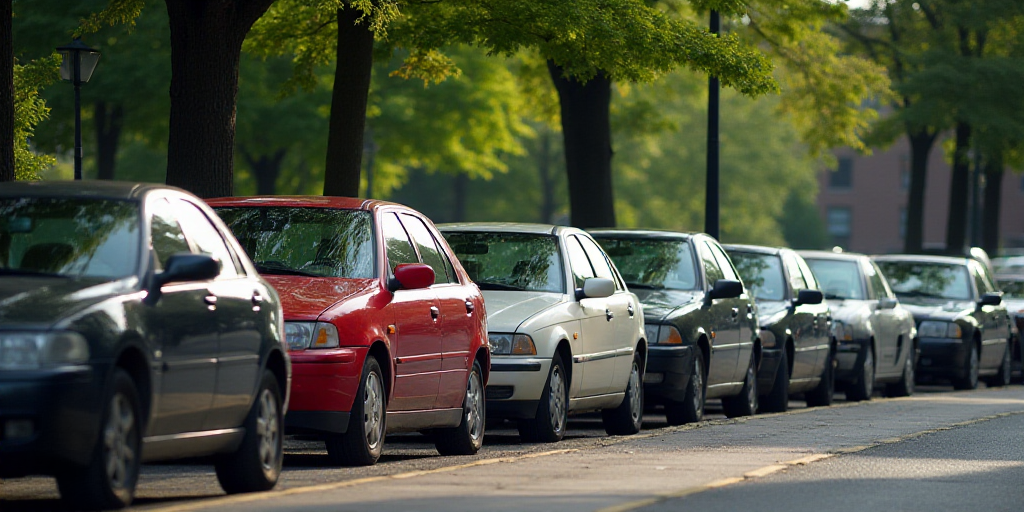 a row of parked cars on a street next to a sidewalk with trees in the background and a building in t