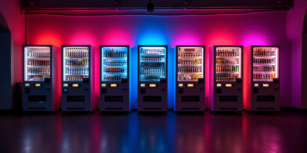 a row of vending machines with neon lights on them and a neon sign on the front of the machine, Éva