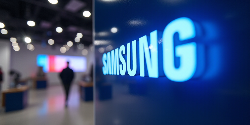 a samsung sign in a store with a samsung sign in the background and a samsung sign in the foreground