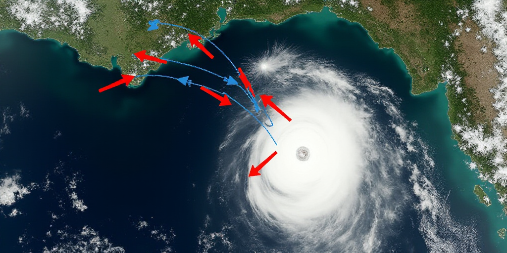 a satellite image of a storm in the ocean with a line of red and blue arrows pointing to the differe