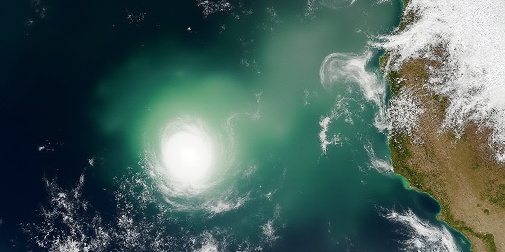a satellite image of a storm moving through the ocean with a green substance on the ground and a bro