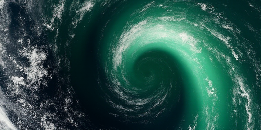 a satellite image of a storm moving through the ocean with a green and black swirl on the center of