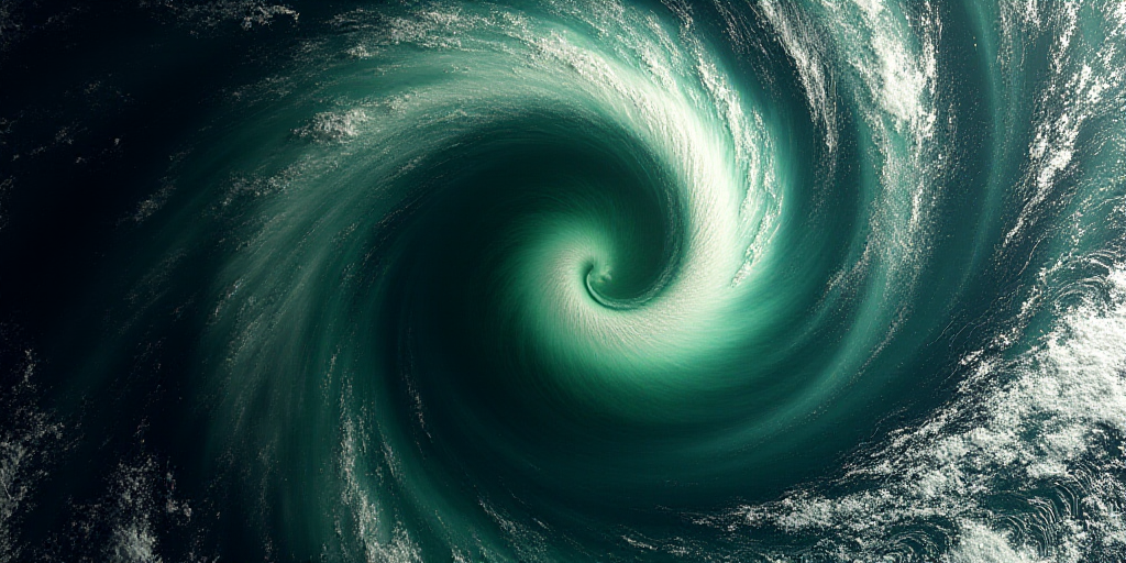 a satellite image of a storm moving through the ocean with a green and black swirl on the center of