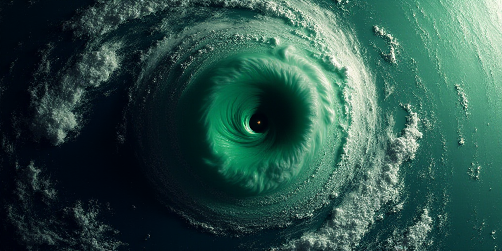 a satellite image of a storm moving through the ocean with a green and black swirl on the center of