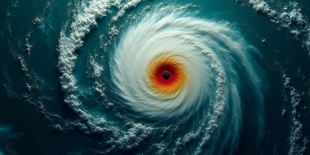 a satellite image of a tropical cyclone in the ocean with a red dot on it's center and a yellow dot
