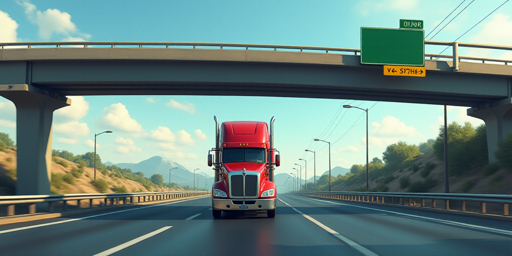 a semi truck driving under a bridge on a highway with traffic on it's sides and a green and white si