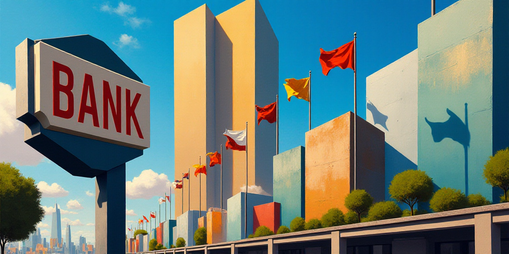 a sign for a bank in front of a tall building with flags flying in the wind in the city, Federico Ur