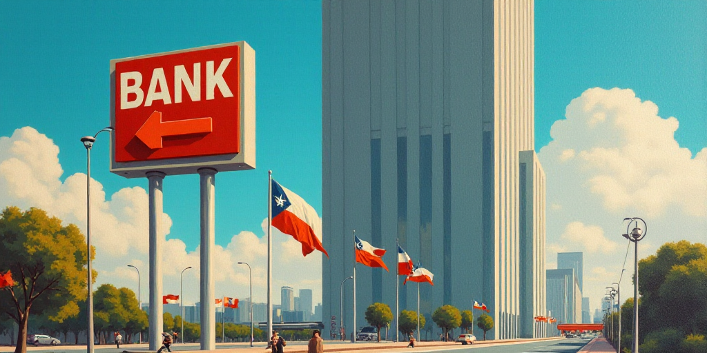 a sign for a bank in front of a tall building with flags flying in the wind in the city, Federico Ur