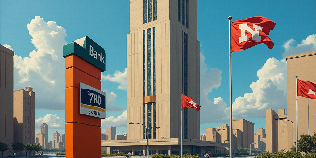 a sign for a bank in front of a tall building with flags flying in the wind in the city, Federico Ur