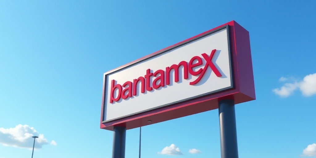 a sign for a bank with a blue sky in the background and a red logo on it that reads bantamex, Charle