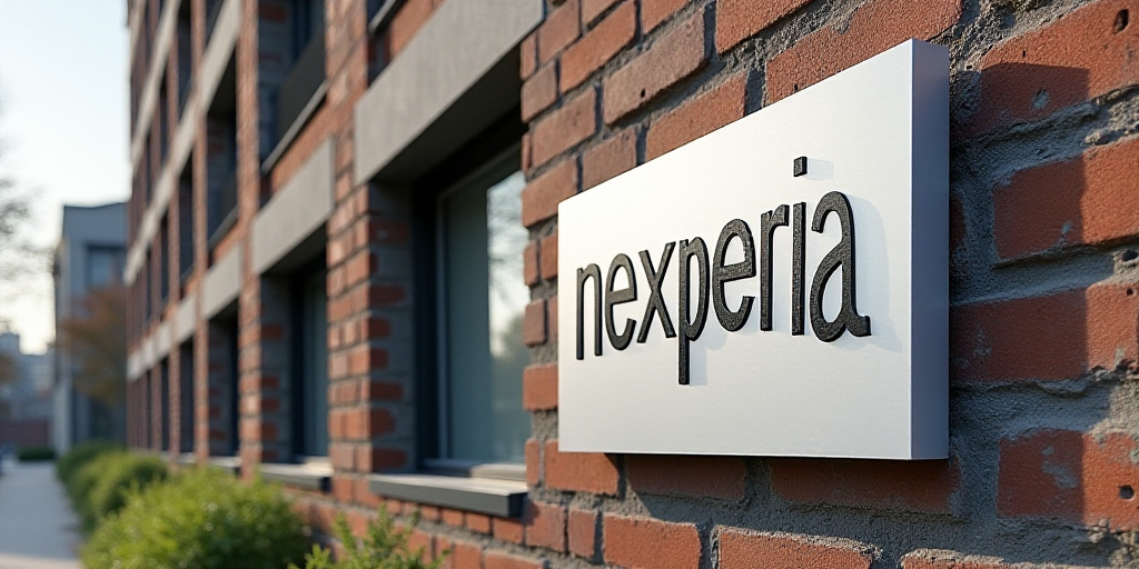a sign for a building with windows and a brick wall behind it that says nexperia on it, Carles Delcl